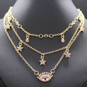 Gold Tone 3-Tiered Evil Eye Celestial Star Necklace 8 Inch Boho
